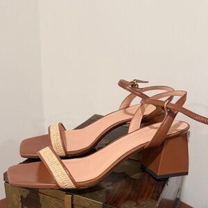 J. Crew Tan Brown Block Heel Sandals with Woven Front Strap